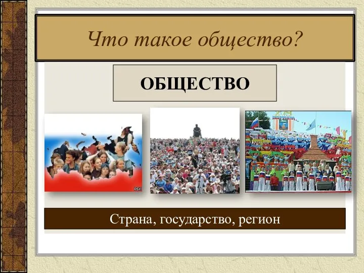 Что такое общество? ОБЩЕСТВО Страна, государство, регион