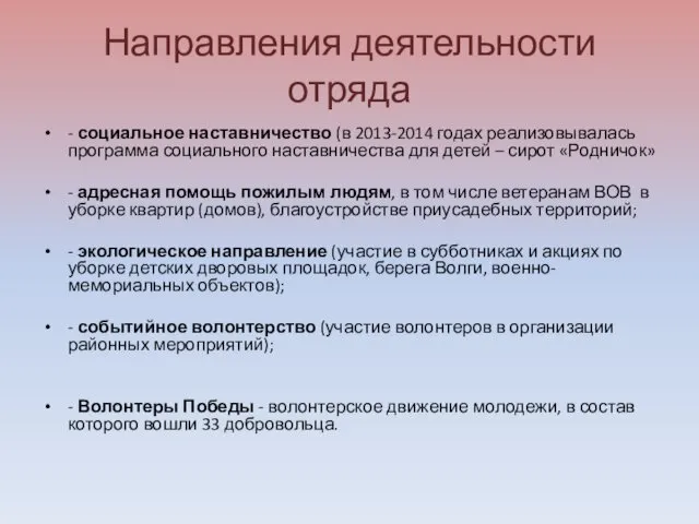 Направления деятельности отряда - социальное наставничество (в 2013-2014 годах реализовывалась