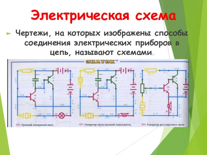Электрическая схема Чертежи, на которых изображены способы соединения электрических приборов в цепь, называют схемами.