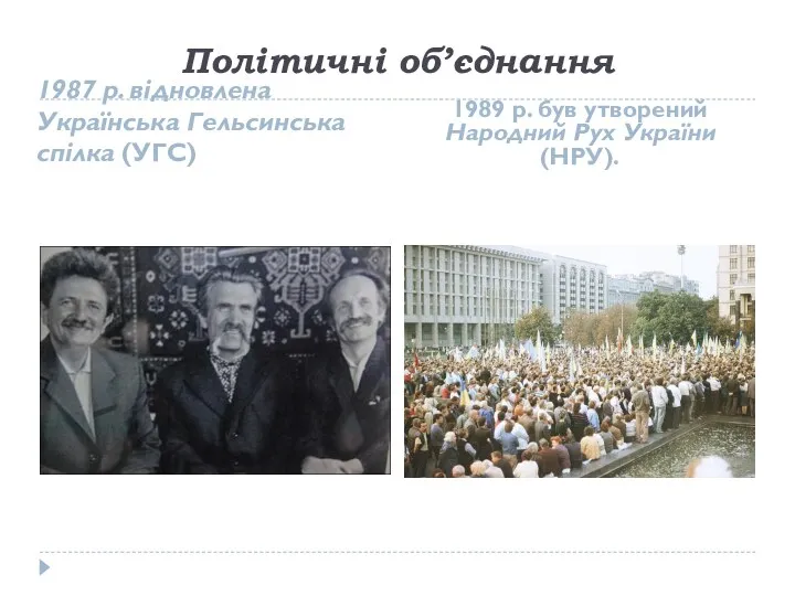 Політичні об’єднання 1987 р. відновлена Українська Гельсинська спілка (УГС) 1989