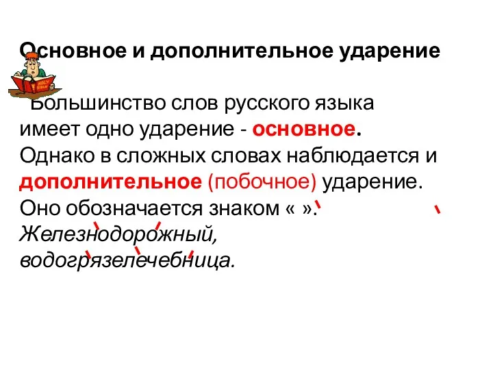 Основное и дополнительное ударение Большинство слов русского языка имеет одно