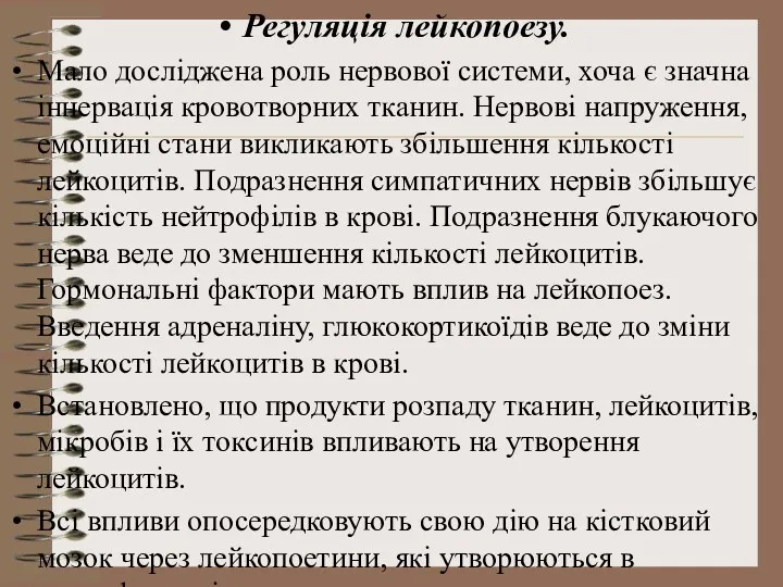 Регуляція лейкопоезу. Мало досліджена роль нервової системи, хоча є значна