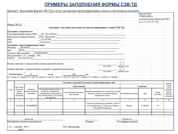 ПРИМЕРЫ ЗАПОЛНЕНИЯ ФОРМЫ СЗВ-ТД