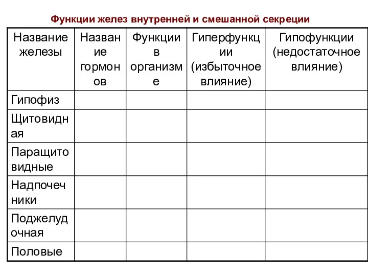 Функции желез внутренней и смешанной секреции