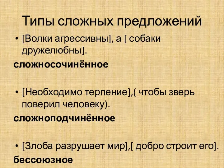 Типы сложных предложений [Волки агрессивны], а [ собаки дружелюбны]. сложносочинённое