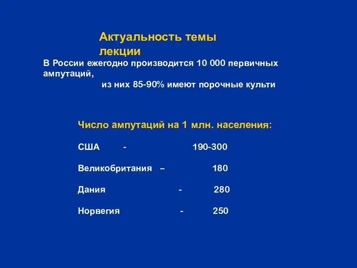 Актуальность темы лекции В России ежегодно производится 10 000 первичных ампутаций, из них