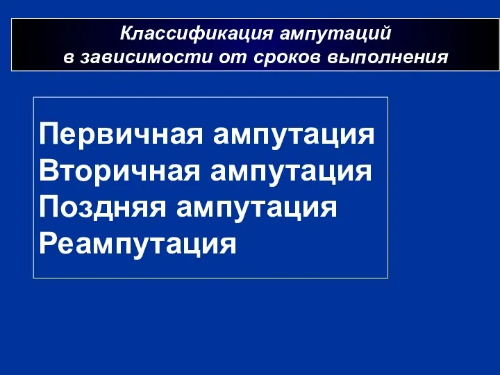 Классификация ампутаций в зависимости от сроков выполнения Первичная ампутация Вторичная ампутация Поздняя ампутация Реампутация