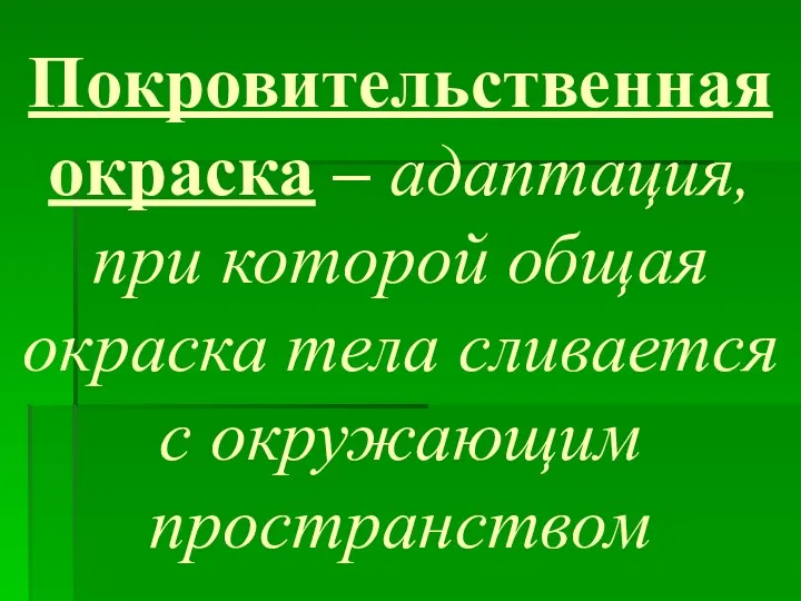 Покровительственная окраска – адаптация, при которой общая окраска тела сливается с окружающим пространством