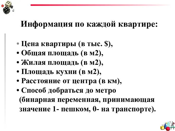 Информация по каждой квартире: Цена квартиры (в тыс. $), Общая