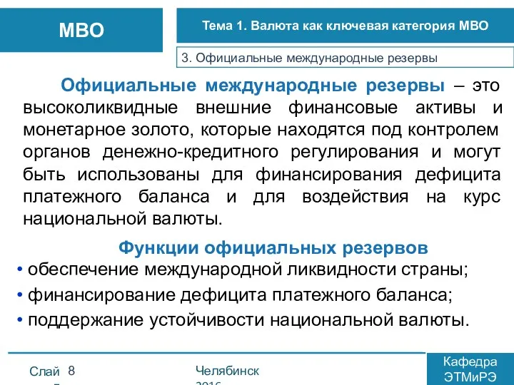 3. Официальные международные резервы Официальные международные резервы – это высоколиквидные