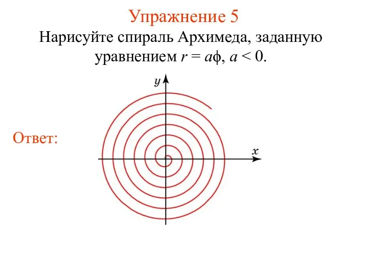 Упражнение 5 Нарисуйте спираль Архимеда, заданную уравнением r = aϕ, a