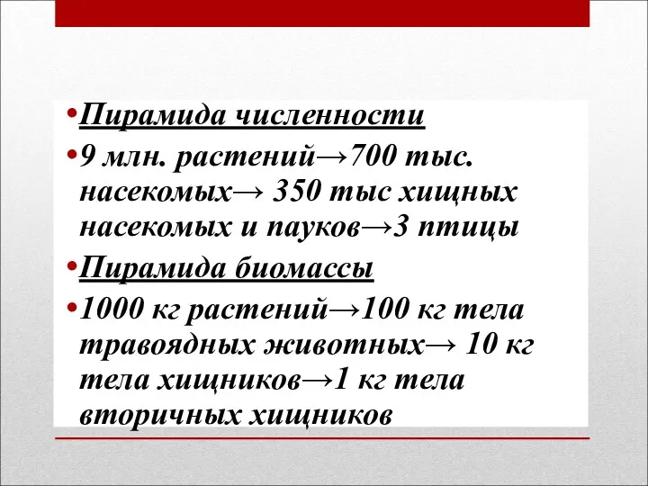 Пирамида численности 9 млн. растений→700 тыс. насекомых→ 350 тыс хищных насекомых и пауков→3