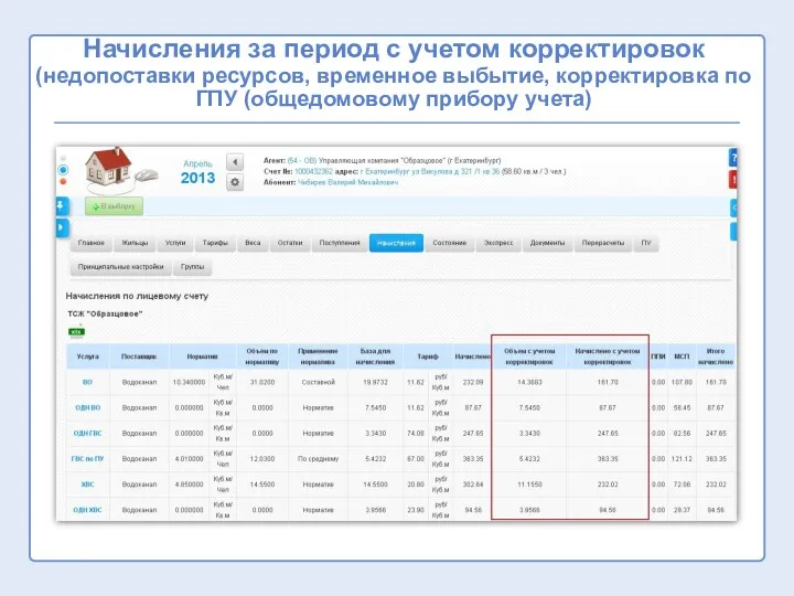 Начисления за период с учетом корректировок (недопоставки ресурсов, временное выбытие, корректировка по ГПУ (общедомовому прибору учета)