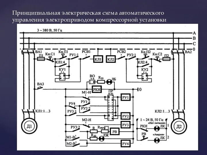 Принципиальная электрическая схема автоматического управления электроприводом компрессорной установки