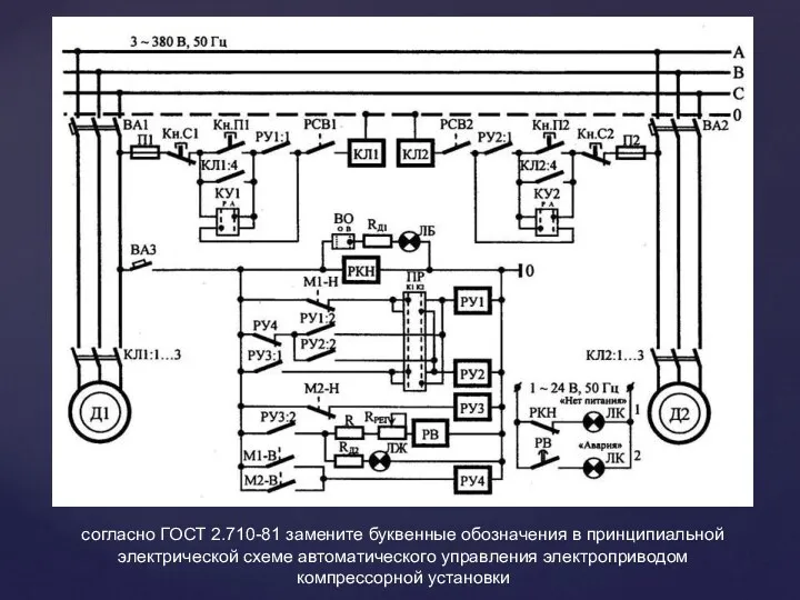 согласно ГОСТ 2.710-81 замените буквенные обозначения в принципиальной электрической схеме автоматического управления электроприводом компрессорной установки