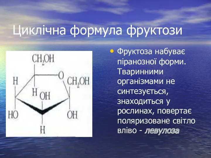 Циклічна формула фруктози Фруктоза набуває піранозної форми. Тваринними організмами не