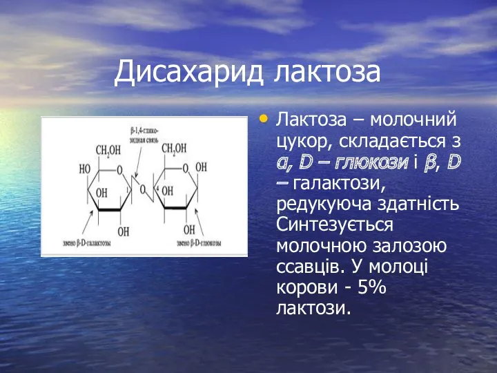 Дисахарид лактоза Лактоза – молочний цукор, складається з α, D