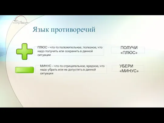 Язык противоречий ПЛЮС – что-то положительное, полезное, что надо получить