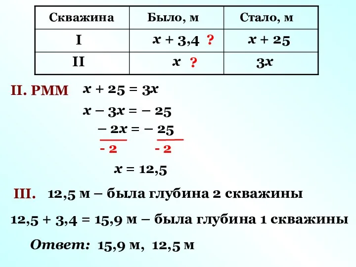 II. РММ х + 25 = 3х х – 3х