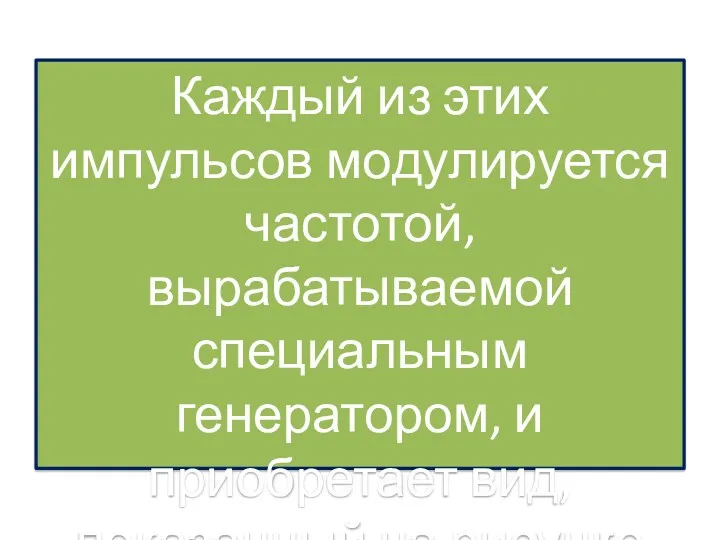 Каждый из этих импульсов мо­дулируется частотой, вырабатываемой специальным генератором, и приобретает вид, показанный на рисунке б.