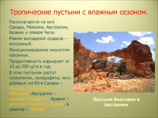 Тропические пустыни с влажным сезоном. Располагаются на юге Сахары, Мексике,