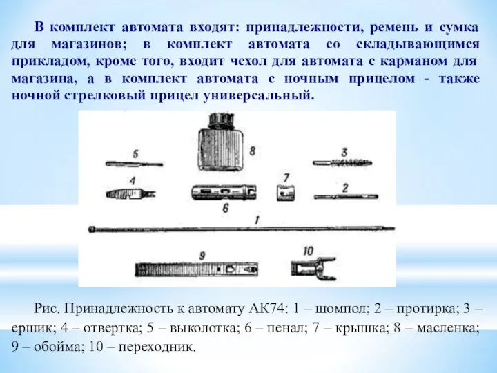 В комплект автомата входят: принадлежности, ремень и сумка для магазинов;