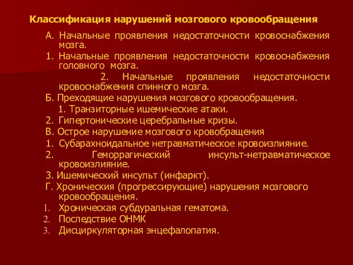 Классификация нарушений мозгового кровообращения А. Начальные проявления недостаточности кровоснабжения мозга.