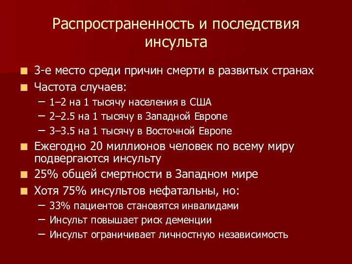 Распространенность и последствия инсульта 3-е место среди причин смерти в