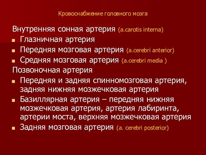 Кровоснабжение головного мозга Внутренняя сонная артерия (a.carotis interna) Глазничная артерия