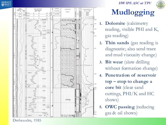 Mudlogging Dolomite (calcimetry reading, visible PHI and K, gas reading) Thin sands (gas