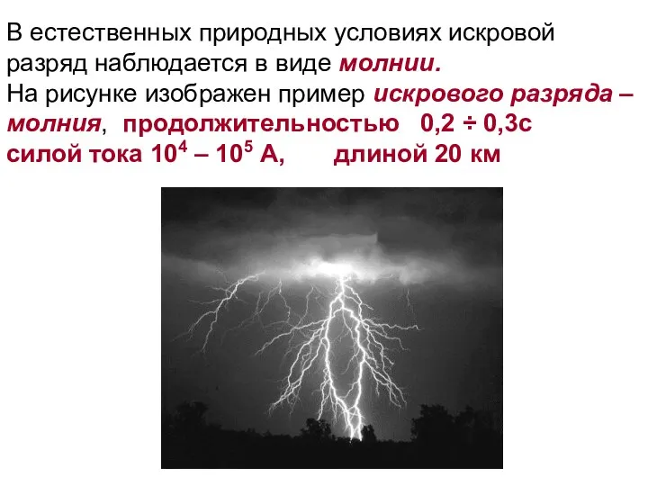 В естественных природных условиях искровой разряд наблюдается в виде молнии.