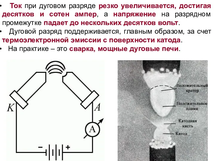 Ток при дуговом разряде резко увеличивается, достигая десятков и сотен