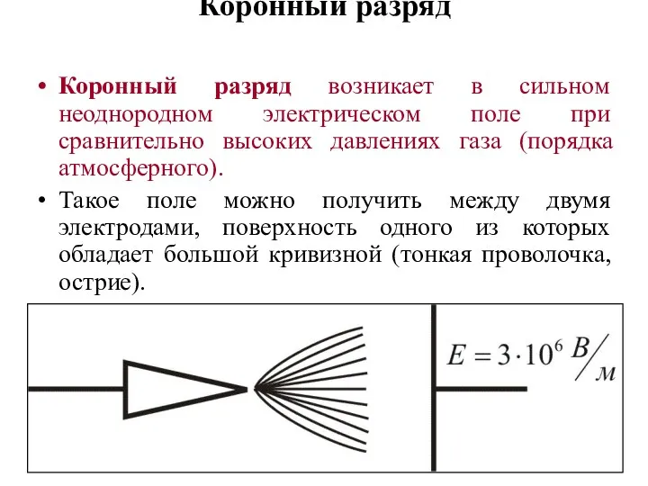 Коронный разряд Коронный разряд возникает в сильном неоднородном электрическом поле