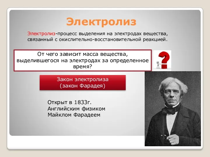 Электролиз Электролиз-процесс выделения на электродах вещества, связанный с окислительно-восстановительной реакцией.