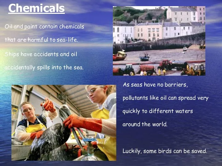 Oil and paint contain chemicals that are harmful to sea-life.