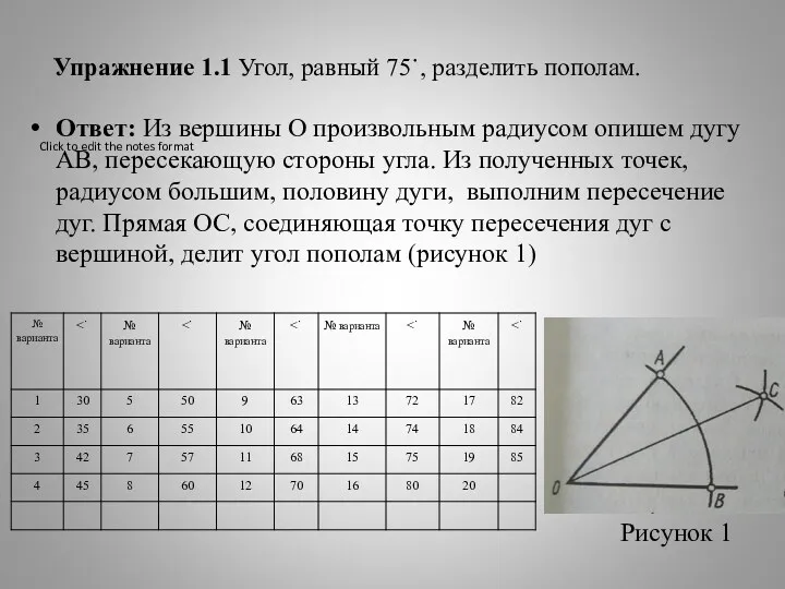 Упражнение 1.1 Угол, равный 75˙, разделить пополам. Ответ: Из вершины О произвольным радиусом