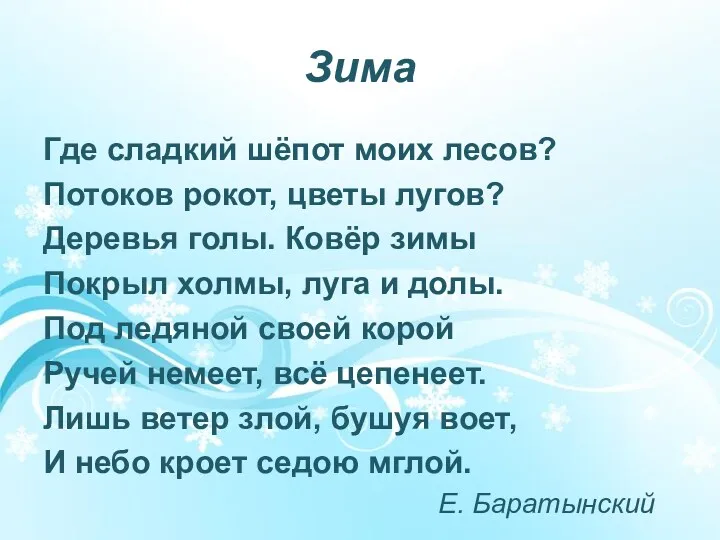 Зима Где сладкий шёпот моих лесов? Потоков рокот, цветы лугов?