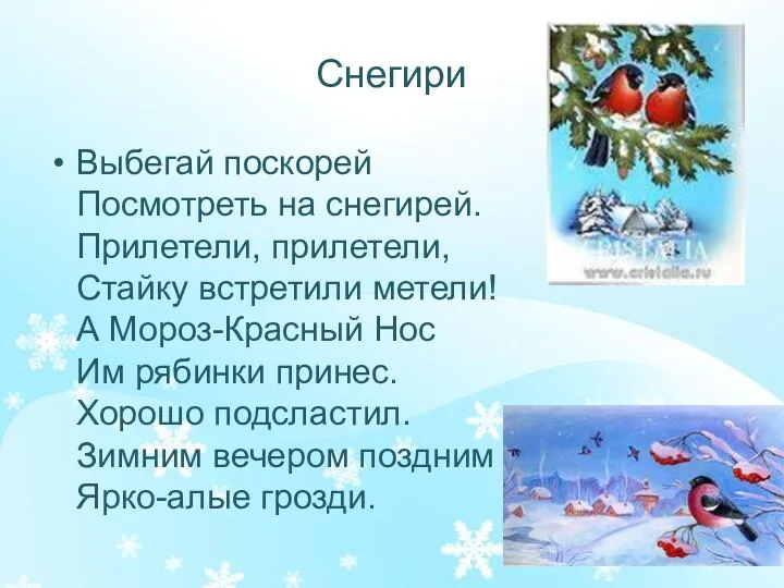 Снегири Выбегай поскорей Посмотреть на снегирей. Прилетели, прилетели, Стайку встретили