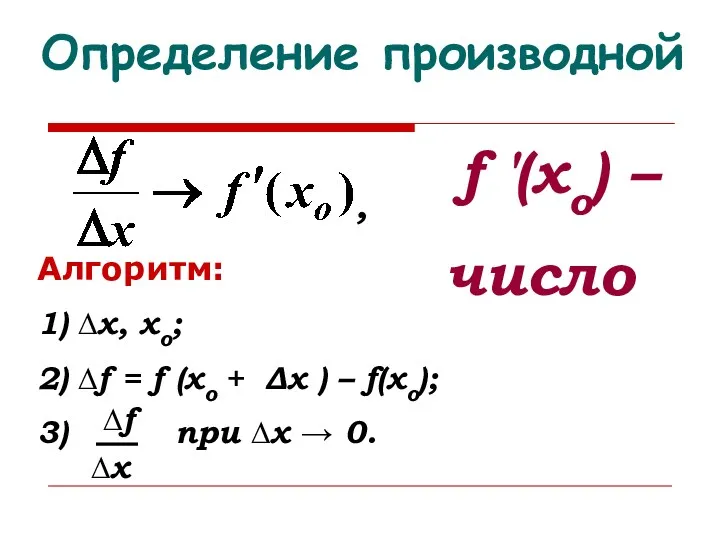 Определение производной f ′(xо) – число Алгоритм: 1) ∆х, хо; 2) ∆f =