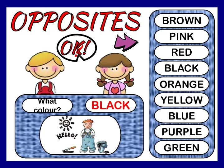 OPPOSITES What colour? BLACK ? BROWN PINK RED BLACK ORANGE YELLOW BLUE PURPLE GREEN OK!