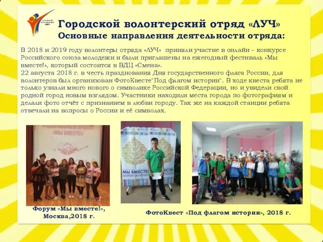 Городской волонтерский отряд «ЛУЧ» Основные направления деятельности отряда: В 2018 и 2019 году