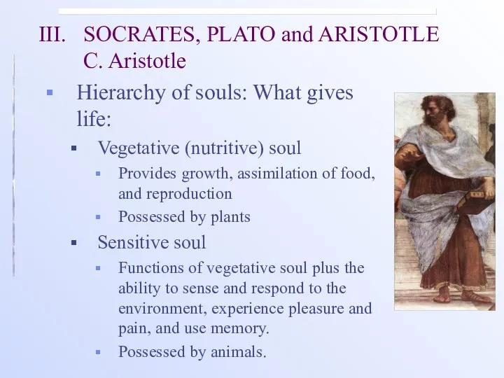 III. SOCRATES, PLATO and ARISTOTLE C. Aristotle Hierarchy of souls: