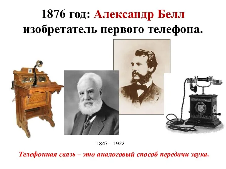1876 год: Александр Белл изобретатель первого телефона. Телефонная связь – это аналоговый способ