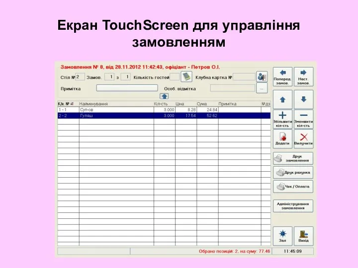 Екран TouchScreen для управління замовленням
