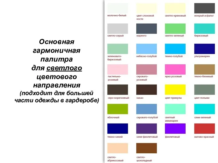 Основная гармоничная палитра для светлого цветового направления (подходит для большей части одежды в гардеробе)