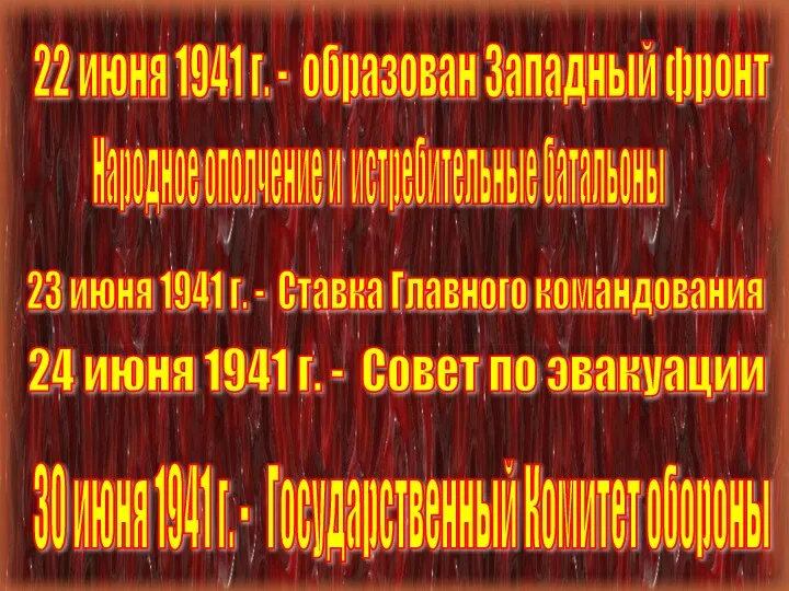 22 июня 1941 г. - образован Западный фронт Народное ополчение и истребительные батальоны