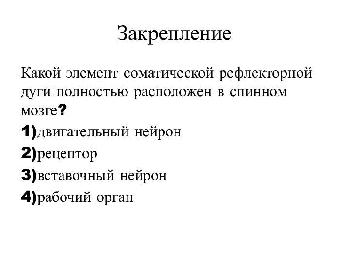 Закрепление Какой элемент соматической рефлекторной дуги полностью расположен в спинном