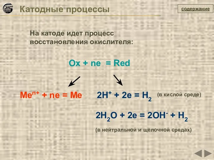 Катодные процессы На катоде идет процесс восстановления окислителя: содержание Ox