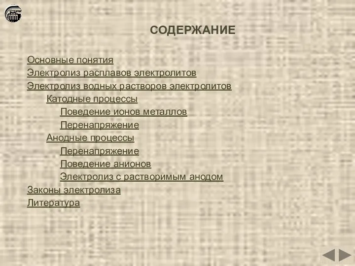 СОДЕРЖАНИЕ Основные понятия Электролиз расплавов электролитов Электролиз водных растворов электролитов