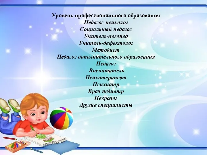 Уровень профессионального образования Педагог-психолог Социальный педагог Учитель-логопед Учитель-дефектолог Методист Педагог